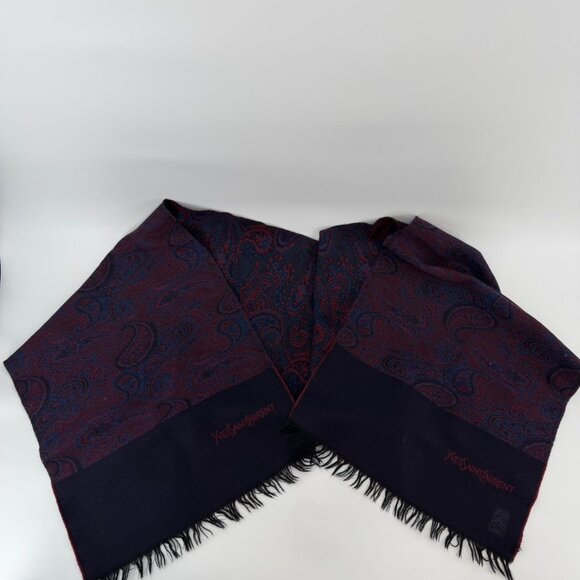 Vintage Yves Saint Laurent Scarf Paisley Burgundy Blue Fringe Wool YSL - Picture 3 of 6